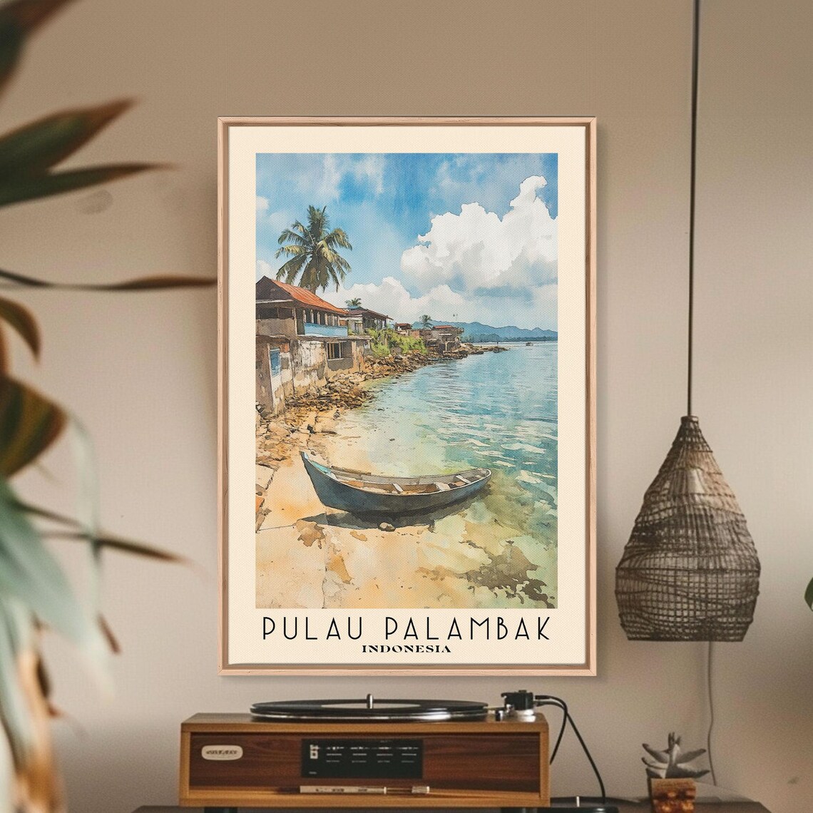 Pulau Palambak Indonesia Wooden Boat Shallows Stilt Houses Palm Shore Watercolor Poster - Image 2