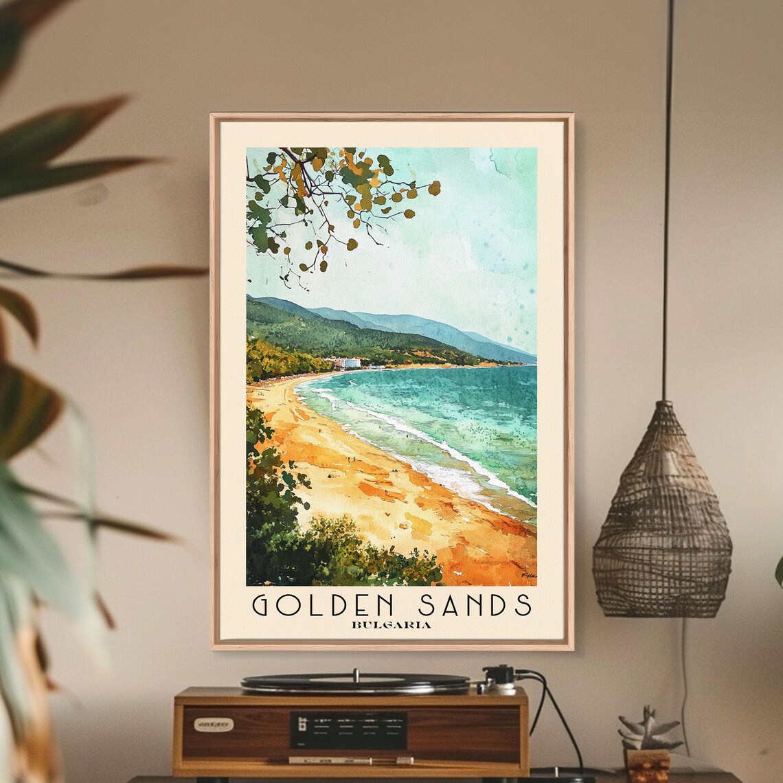Golden Sands Bulgaria Sandy Bay Turquoise Sea Green Hills Beach Watercolor Poster