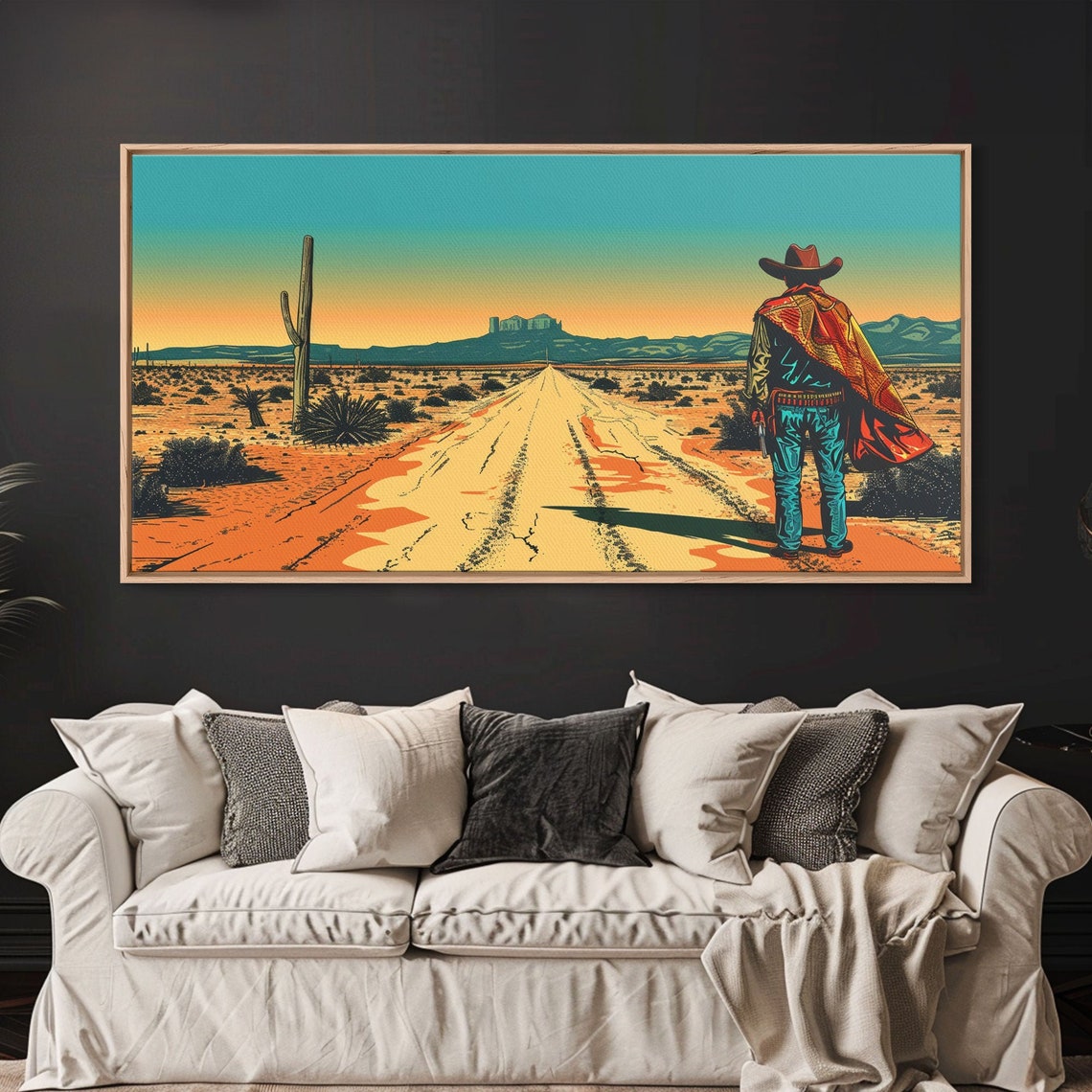Retro Cowboy Desert Road Sunset Saguaro Cactus Western Pop Art Poster - Image 2