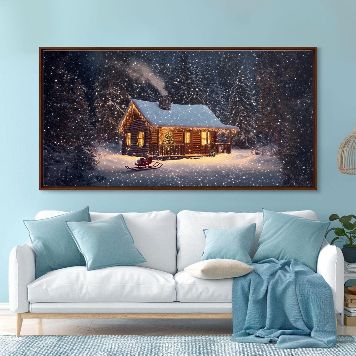 Cozy Log Cabin In The Snow At Night With Glowing Windows Poster - Image 2