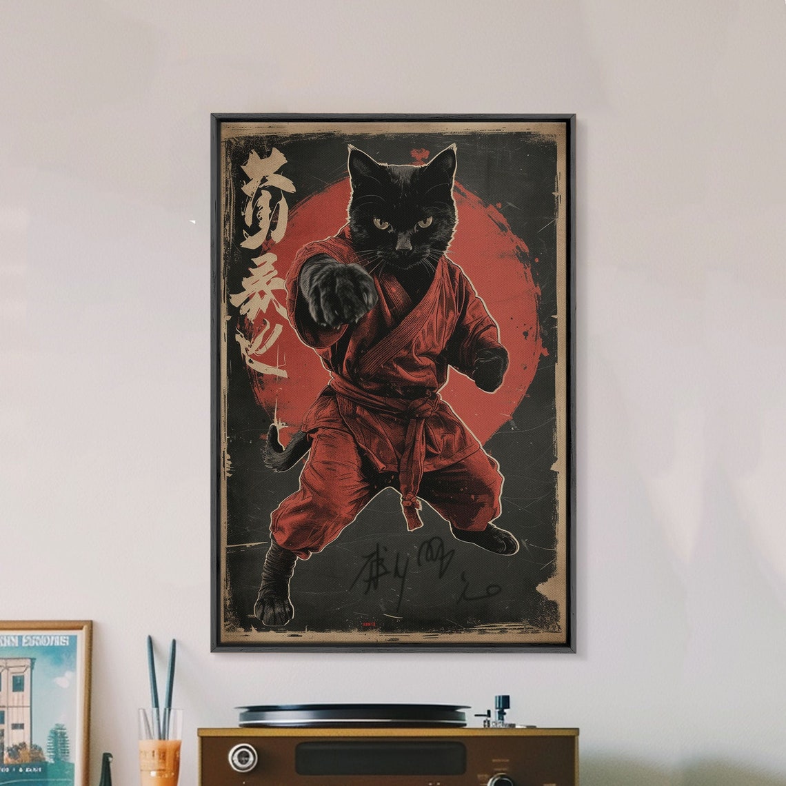 Black Cat Samurai Poster in Red Martial Arts Gi with Red Sun Art - Image 5