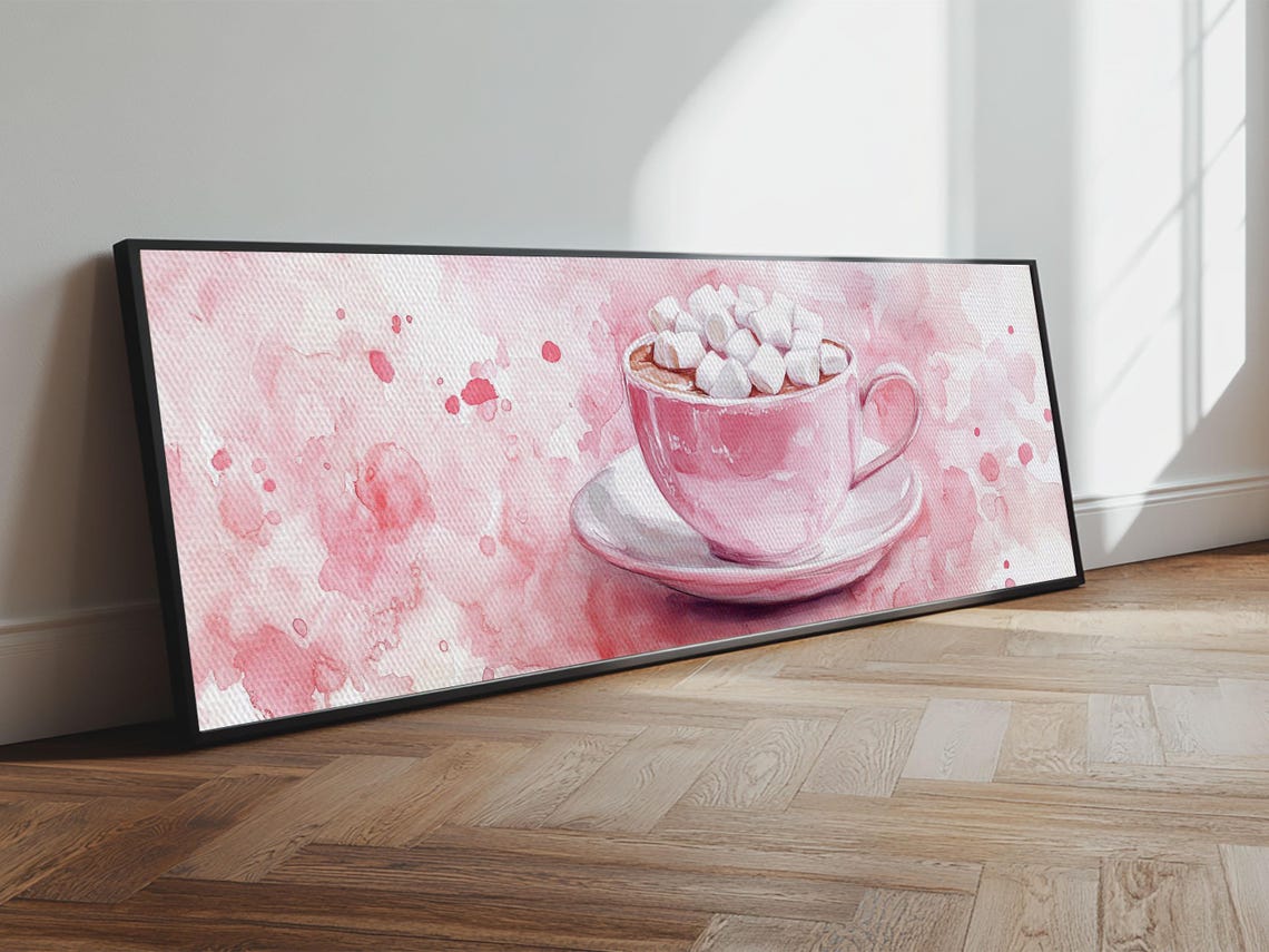 Pink Hot Cocoa Cup Marshmallows Watercolor Cozy Kitchen Poster - Image 2