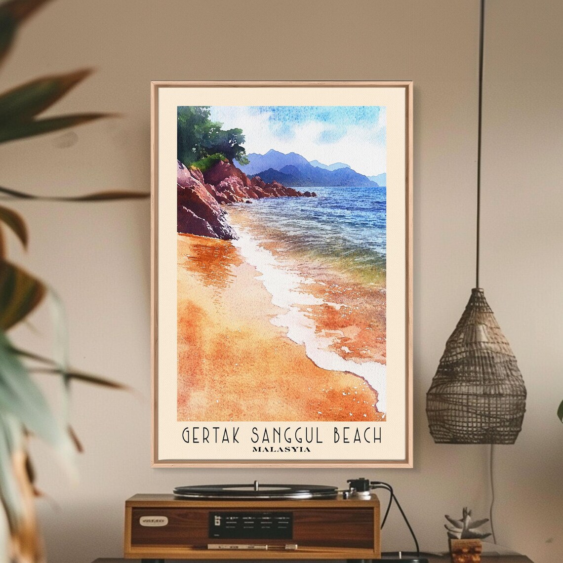 Gertak Sanggul Beach Malaysia Orange Sand Rocky Headland Blue Sea Watercolor Poster