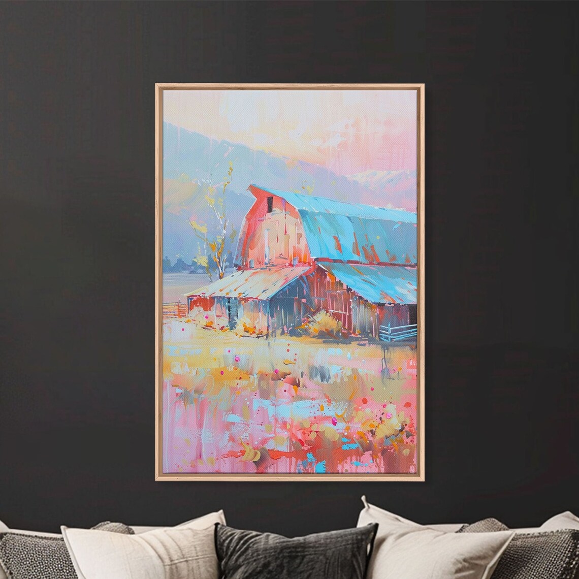 Rustic Red Barn Blue Roof Mountain Countryside Farm Art Wall Poster - Image 2