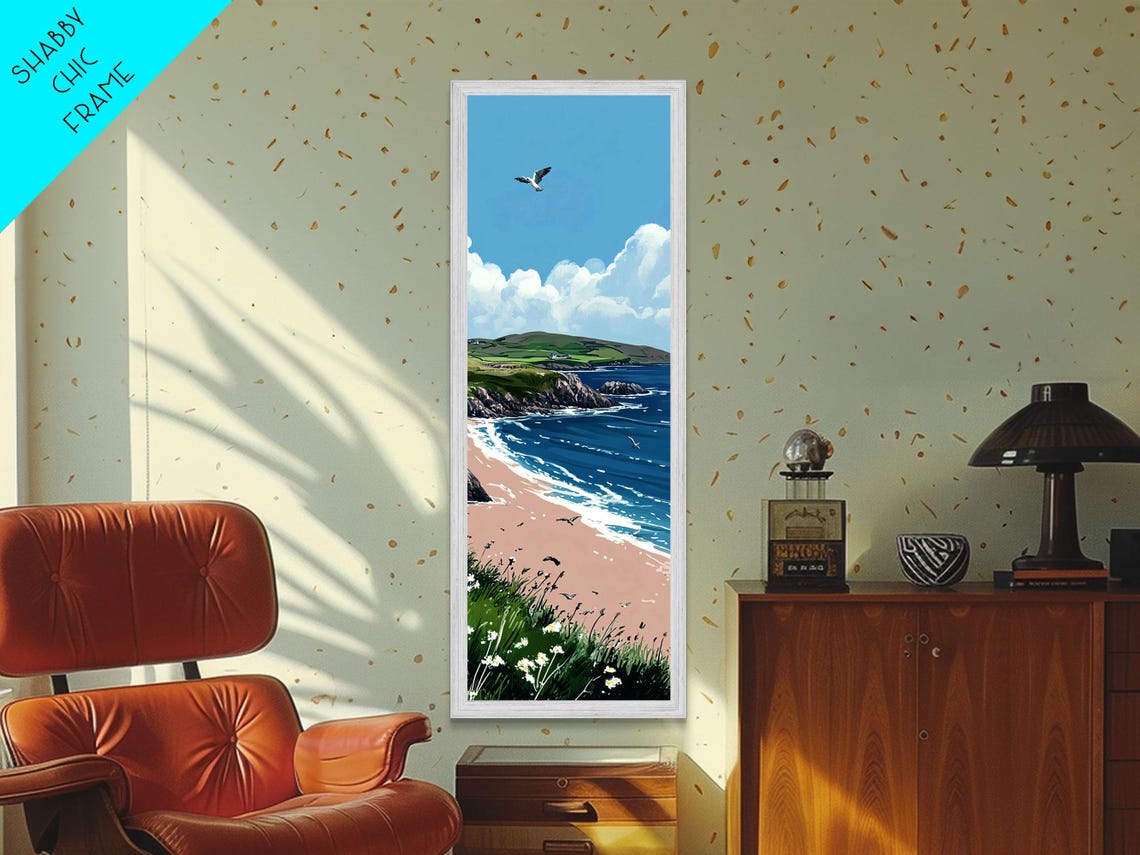 Sunny Beach Turquoise Ocean Green Cliffs Seagull Coastal Poster - Image 2
