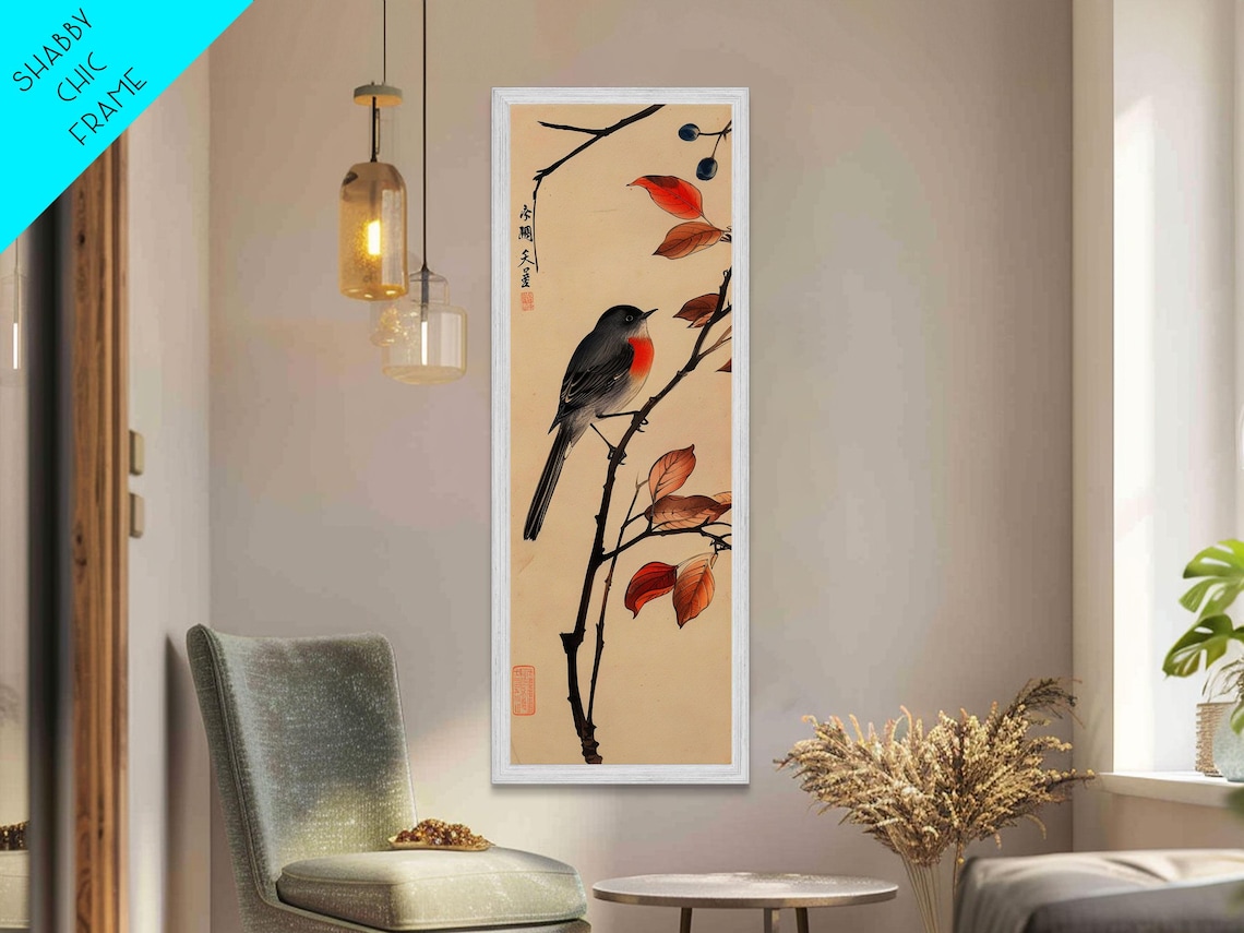 Songbird On Autumn Branch With Red Berries Vintage Woodblock Wall Art