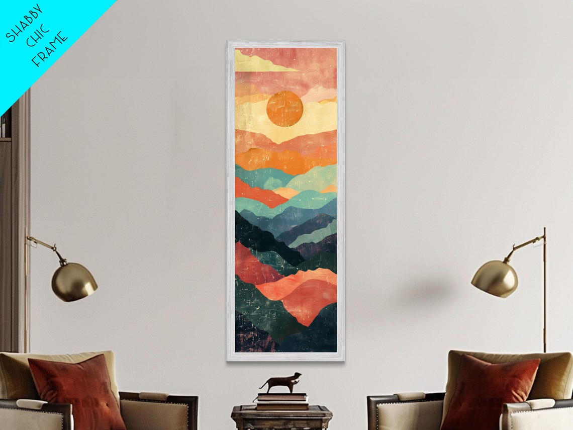 Abstract Sunset Over Rolling Hills Japanese Art Inspired Tall Framed Print For Wall Art - Image 6