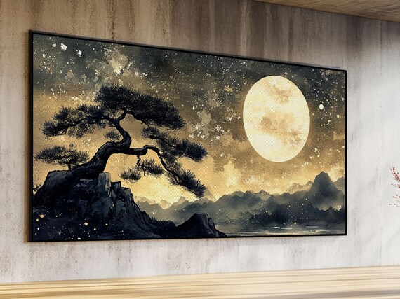 Bonzai Tree Under A Full Moon Framed Print Ready To Hang Minimalist Wabi Sabi Japanese Style Artwork Above Sofa Wall Art Home Decor