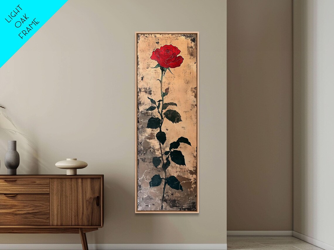 Single Red Rose Long Stem Japanese Woodblock Floral Wall Art - Image 4