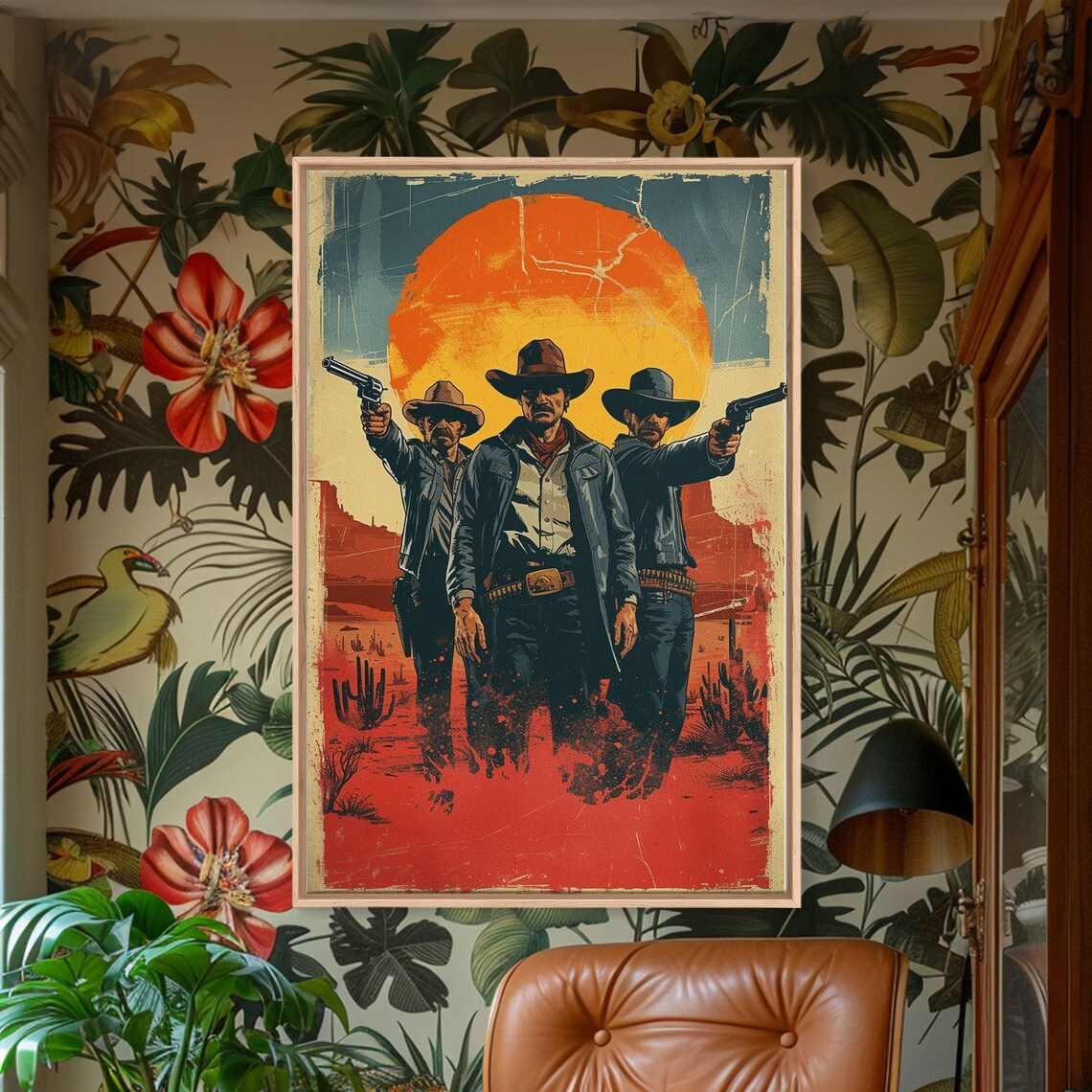 Three Cowboys Revolvers Desert Sunset Vintage Western Style Poster - Image 4
