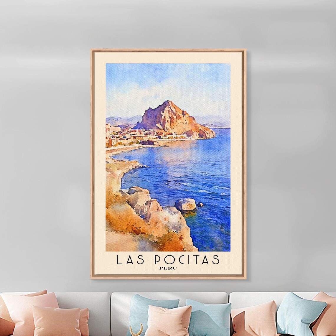 Las Pocitas Peru Rocky Headland Coastal Town Blue Sea Watercolor Poster - Image 2
