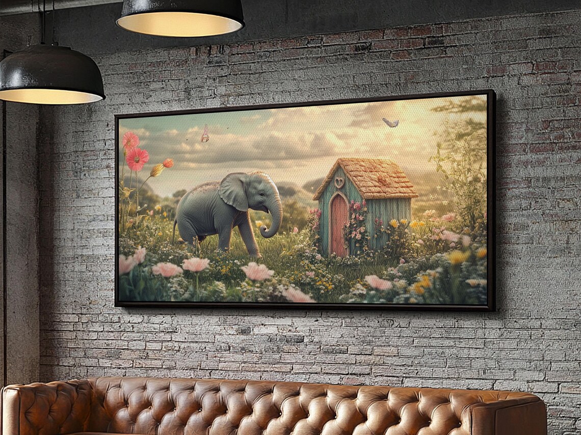 Baby Elephant Flower Meadow Cottage Pastel Whimsical Nursery Wall Art Poster - Image 5