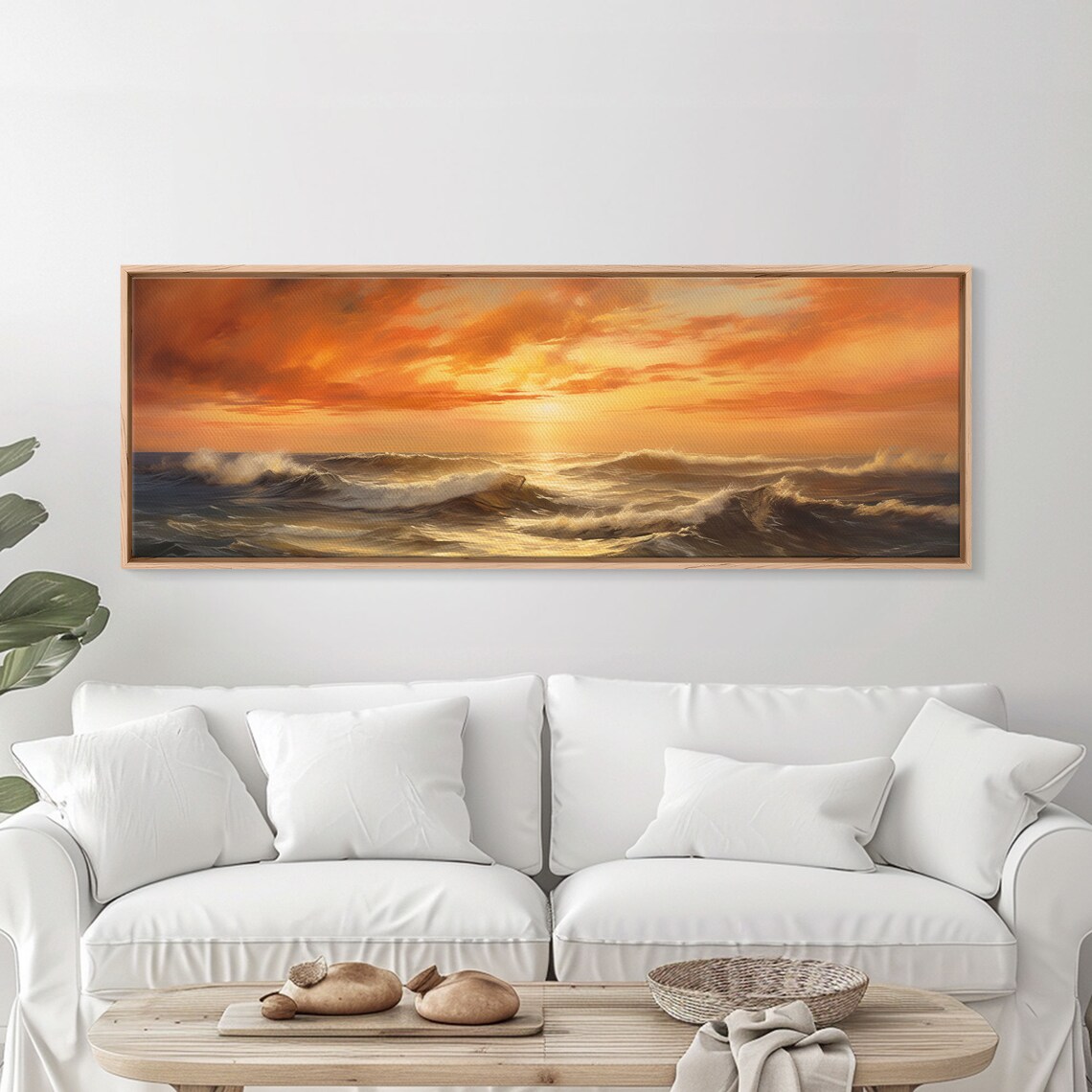 Ocean Sunset Waves Oil Painting Fiery Orange Sky Panoramic Wall Poster - Image 4