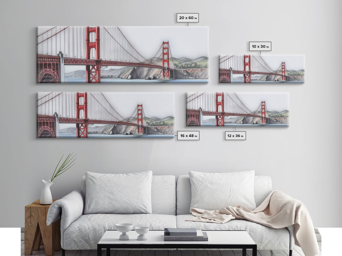 The Golden Gate Bridge Print Colored Pencil Sketch Art Mountain Landscape River Lake Panoramic Wall Art Print - Image 2