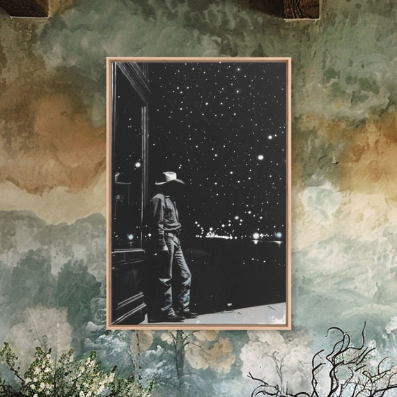 Cowboy In Starry Night Print Framed Wall Art Rustic Western Decor Starry Sky Cowboy Artwork For Living Room Night Sky Art