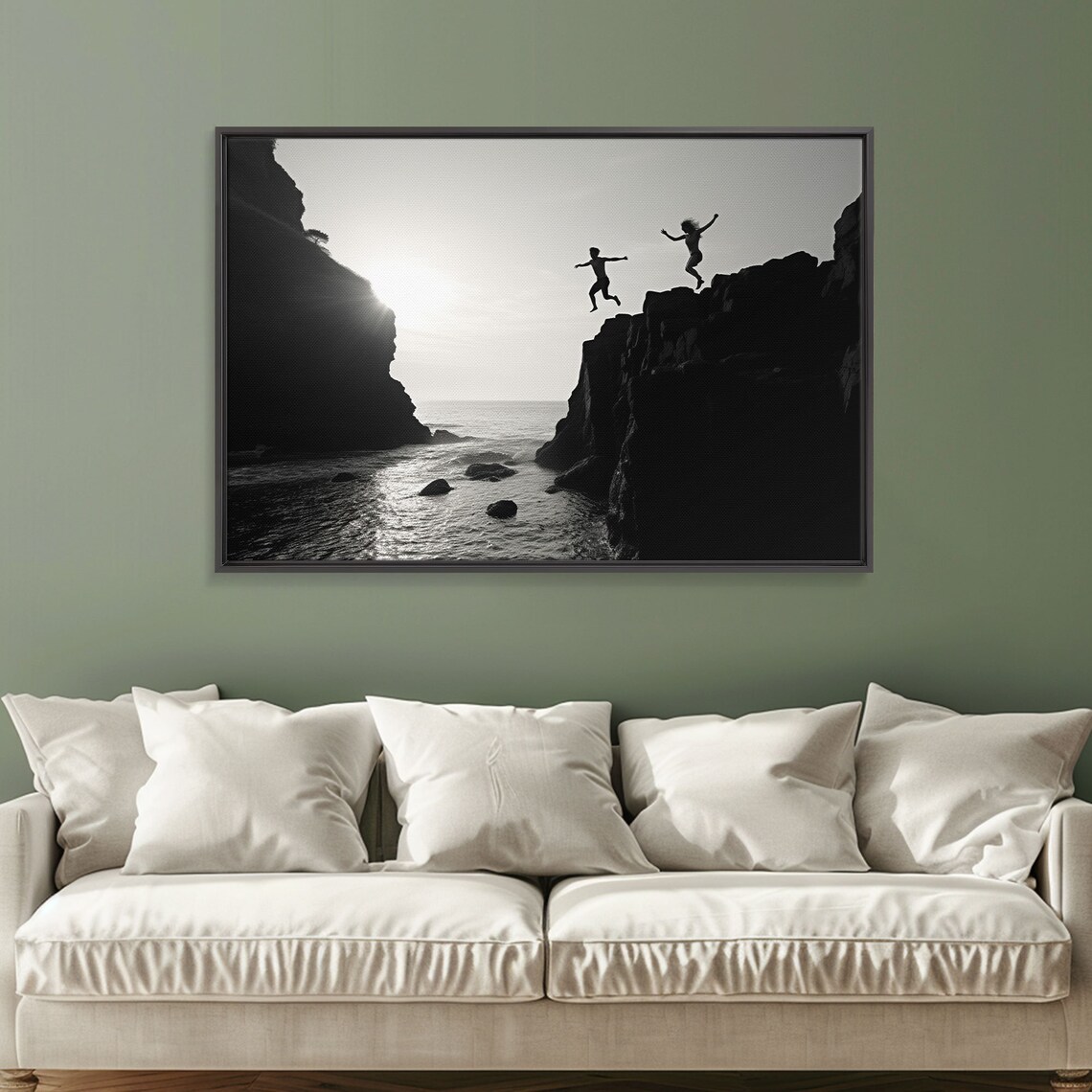 Black And White Cliff Divers Jumping Ocean Dramatic Minimalist Photography Print
