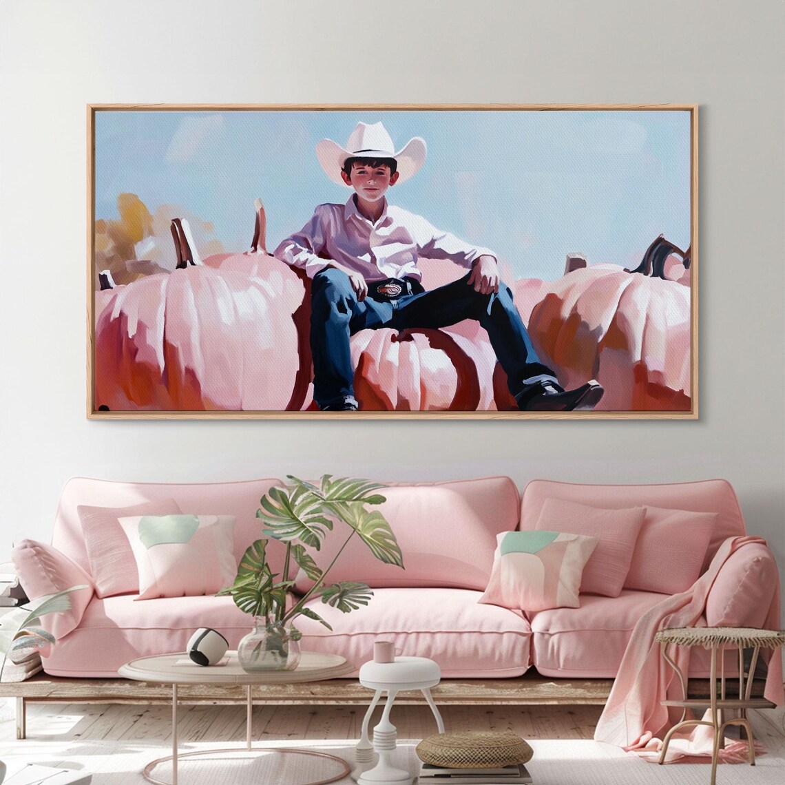 Little Cowboy In White Hat Sitting On Giant Pink Pumpkins Retro Poster - Image 3