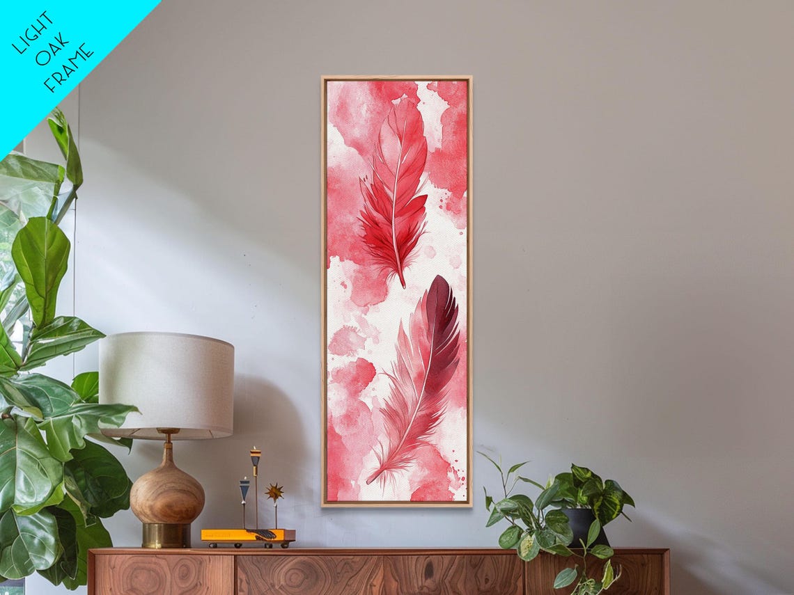Elegant Pink Red Feathers Watercolor Minimalist Boho Wall Art - Image 4