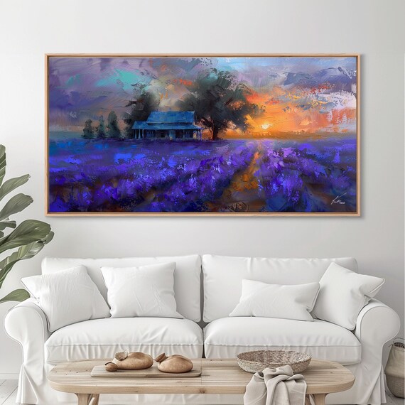 Lavender Field At Dusk Moody Landscape Art Framed Print Boho Decor Lavender Art Rustic Bedroom Decor