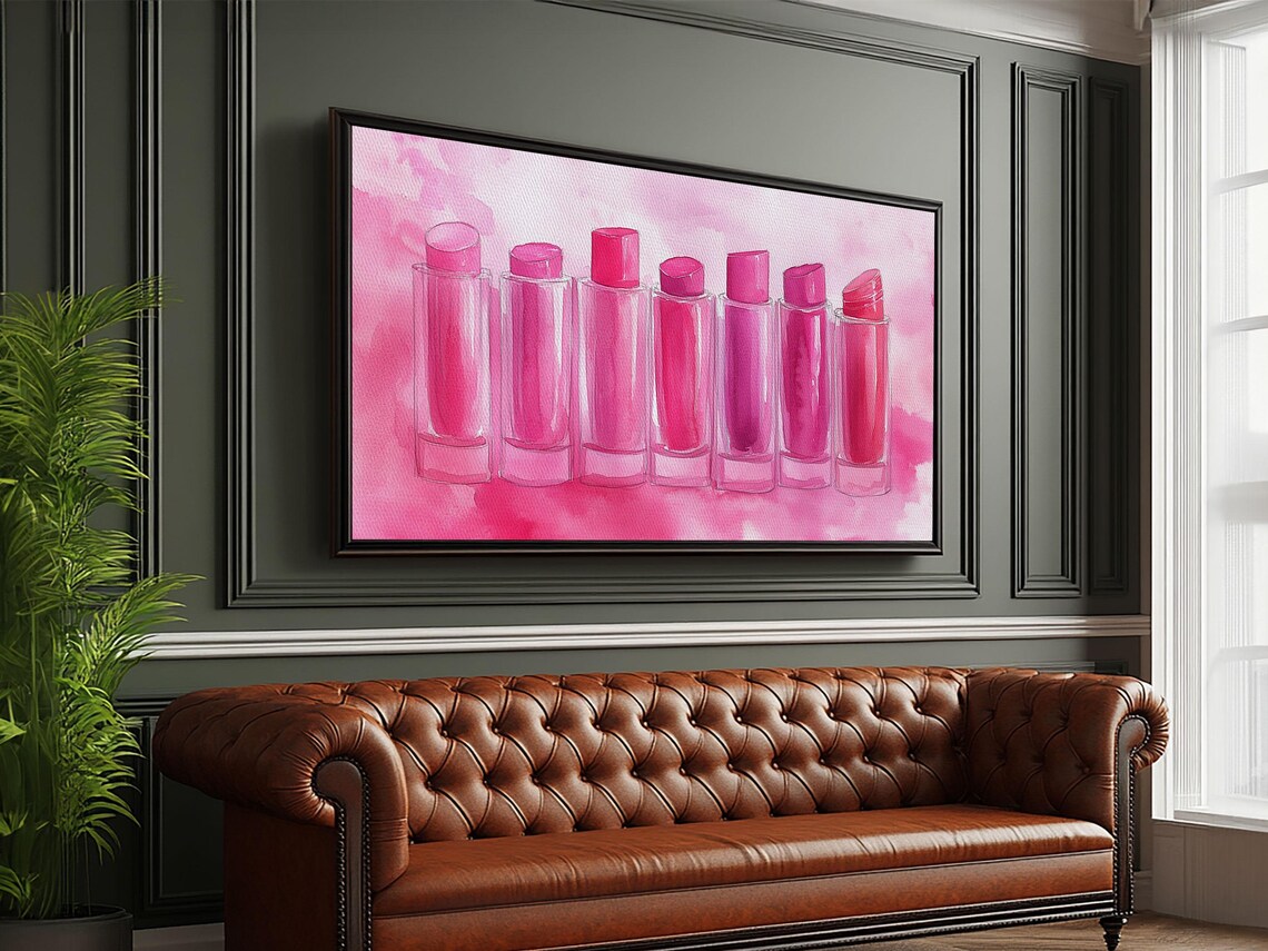 Pink Lipstick Row Watercolor Painting Feminine Glam Makeup Vanity Art Poster - Image 6