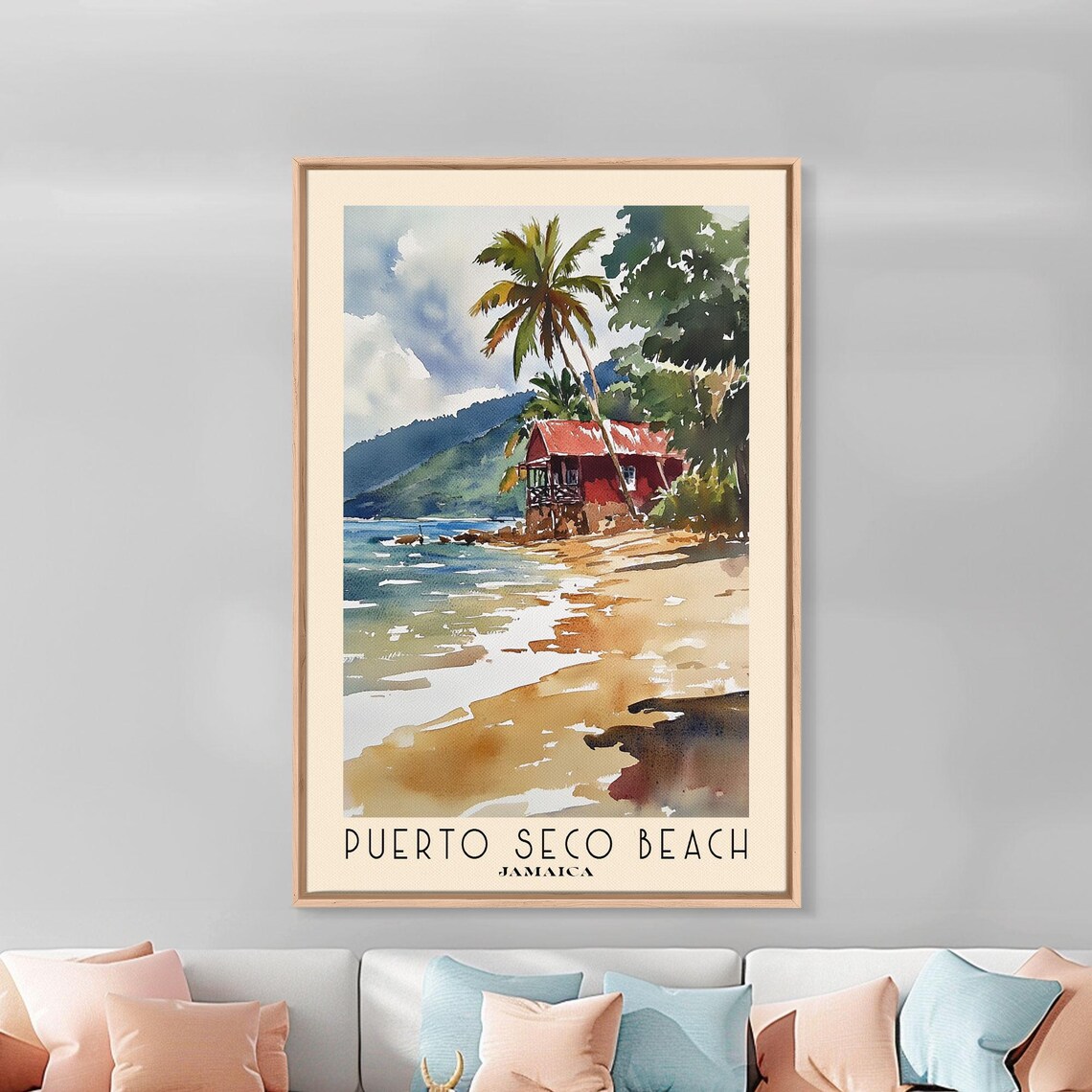 Puerto Seco Beach Jamaica Palm Trees Red Beach Hut Watercolor Poster - Image 3