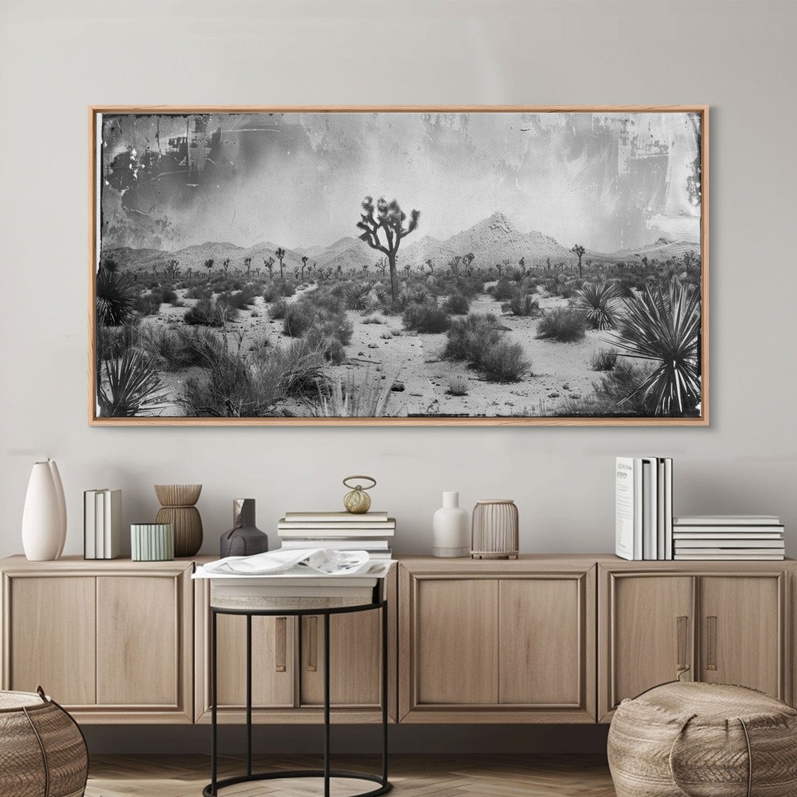Desolate Desert With Joshua Trees Distant Mountains Black White Print - Image 4