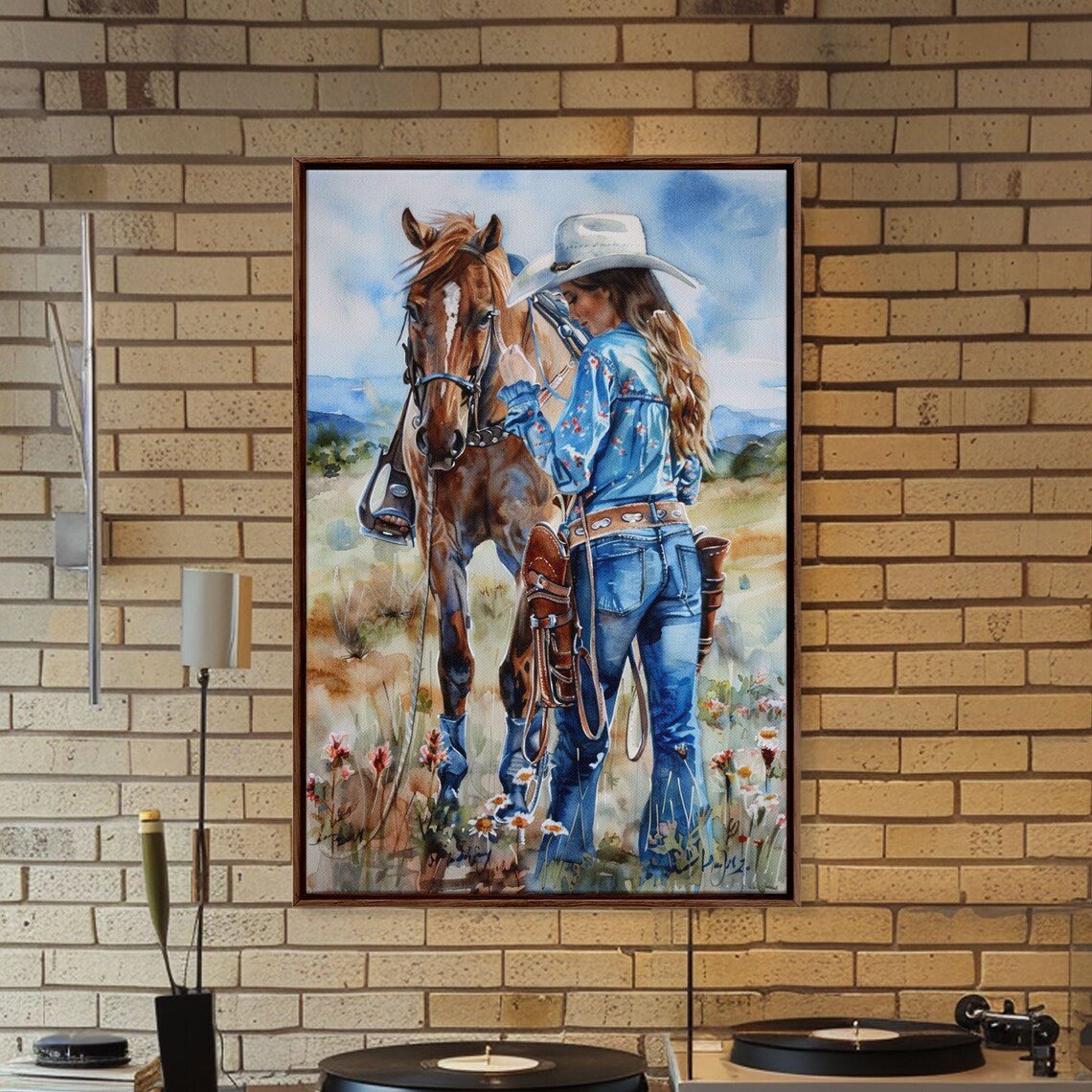 Cowgirl Standing Beside Horse In Wildflower Field Art Poster - Image 3
