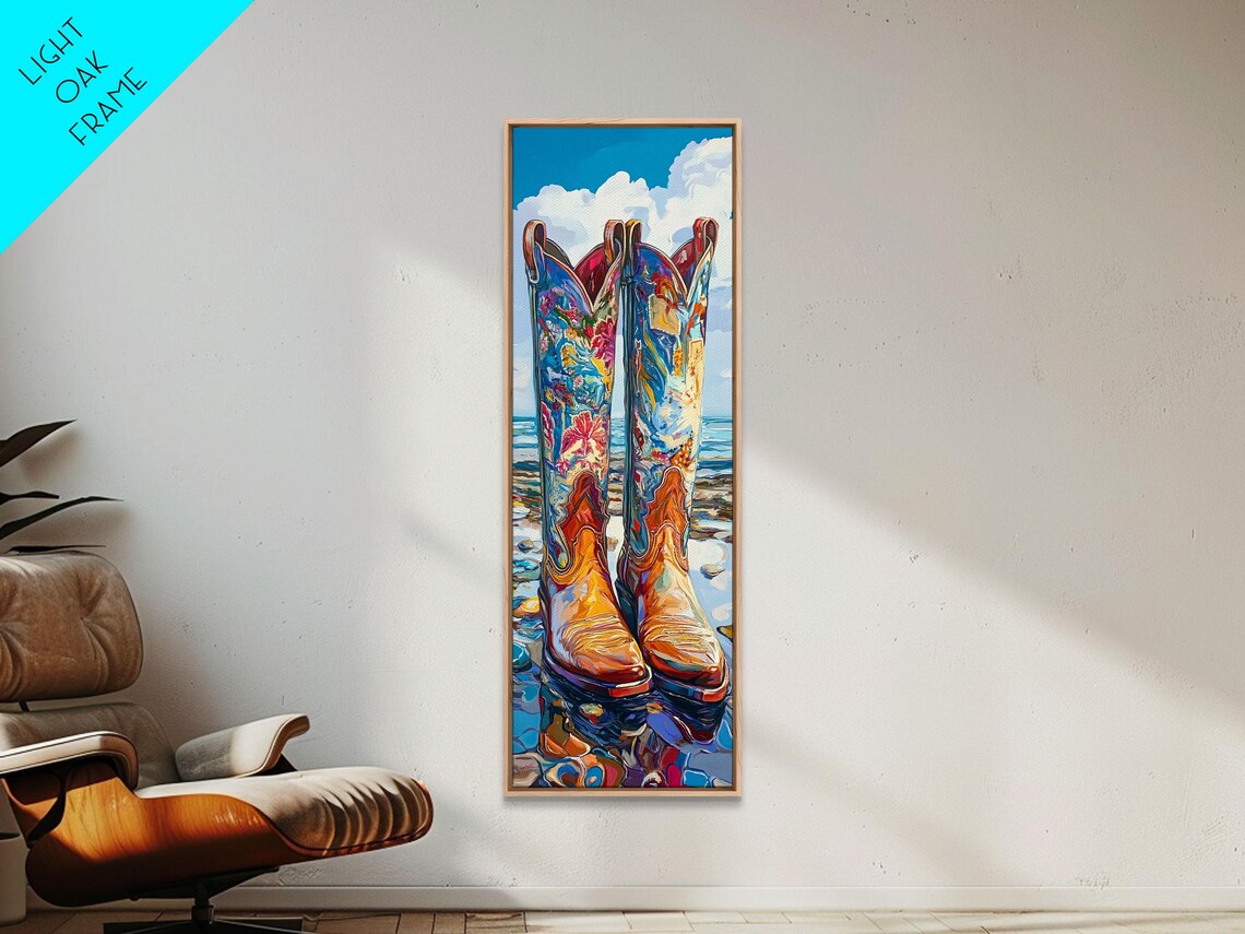 Painted Floral Cowboy Boots On Ocean Beach Western Decor Poster - Image 4