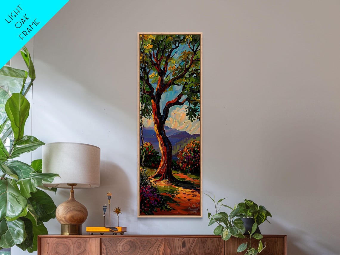 Gnarled Oak Tree On Mountain Path With Wildflowers Impasto View Poster - Image 6
