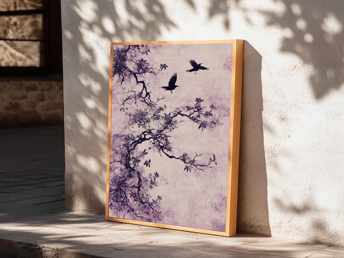 Purple Ink Tree Branches Flying Crows Wabi Sabi Minimalist Art Poster