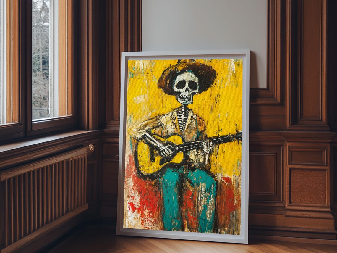 Cowboy Skeleton Guitarist, Chicano Mexicano Art Print