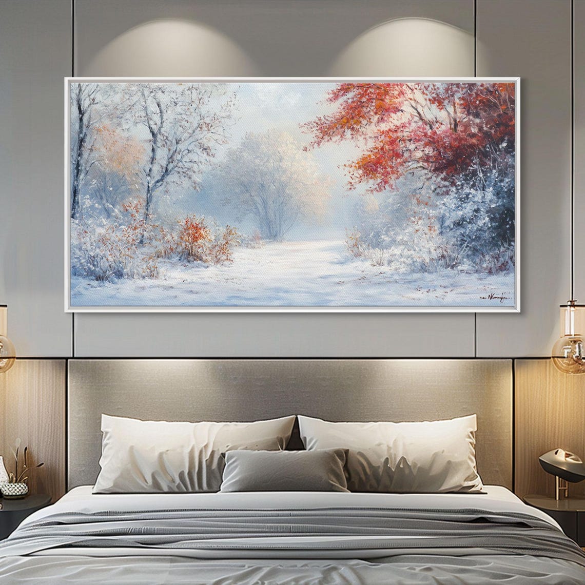 Snowy Winter Forest Path Red Leaves Falling Snow Scene Poster - Image 5