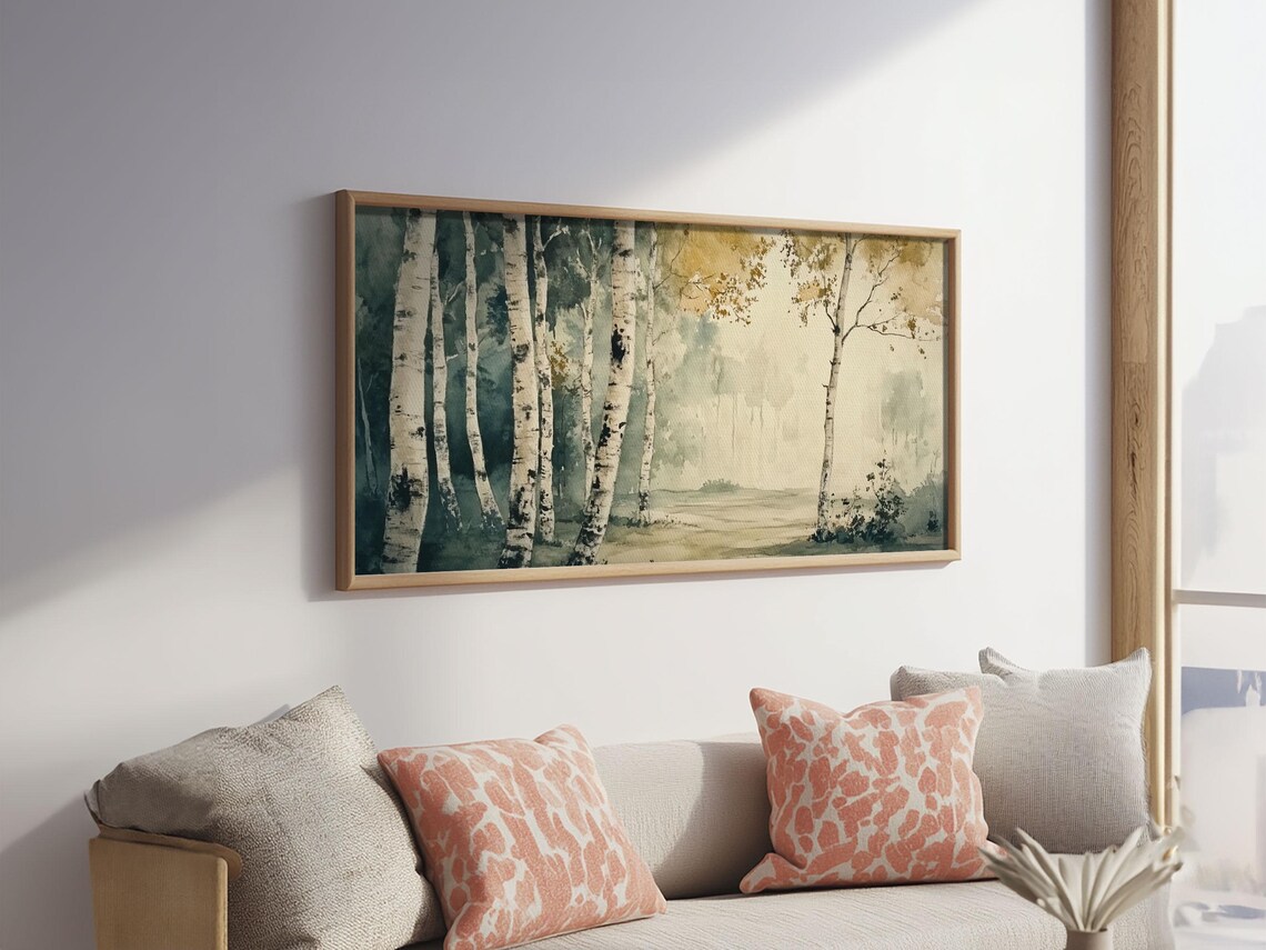 Misty Birch Forest Watercolor Green Gold Abstract Trees Painting Print - Image 4