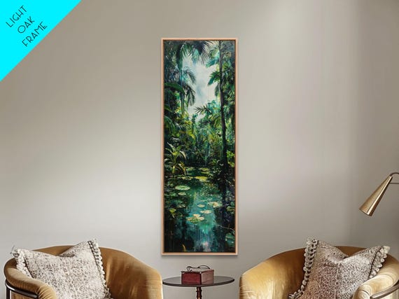 Tropical Island Paradise Scene With Mountain Reflections Skinny Art Framed Print For Living Room Or Bedroom Wall Art