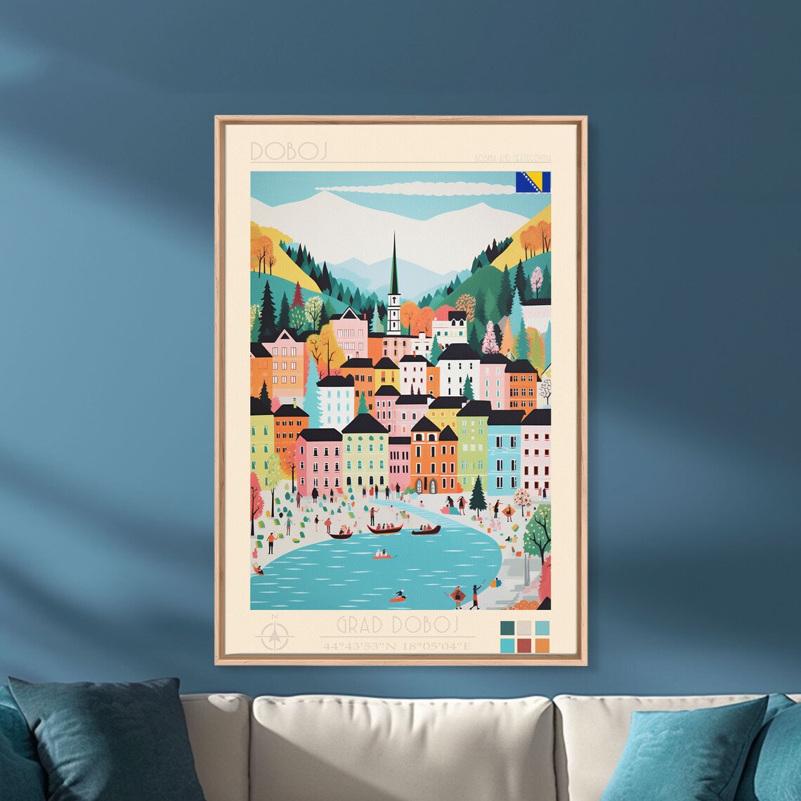 Doboj Bosnia Alpine River Boats Church Spire Mountain View Poster - Image 2