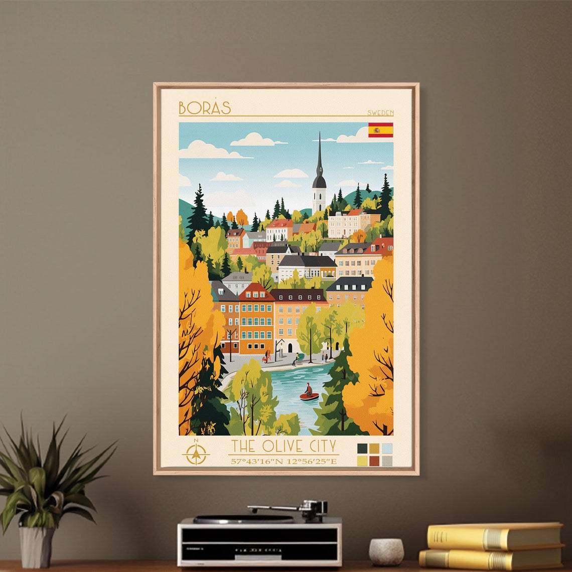 Boras Sweden Autumn Riverside Old Town Church Spire Kayak Poster - Image 4