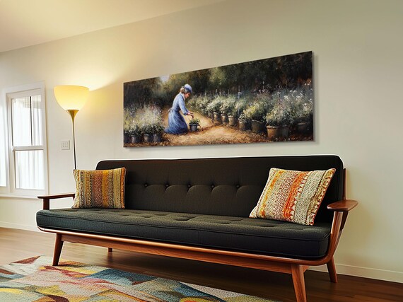 Woman Gardening Vintage Oil Painting Panoramic Garden Nursery Wall Poster