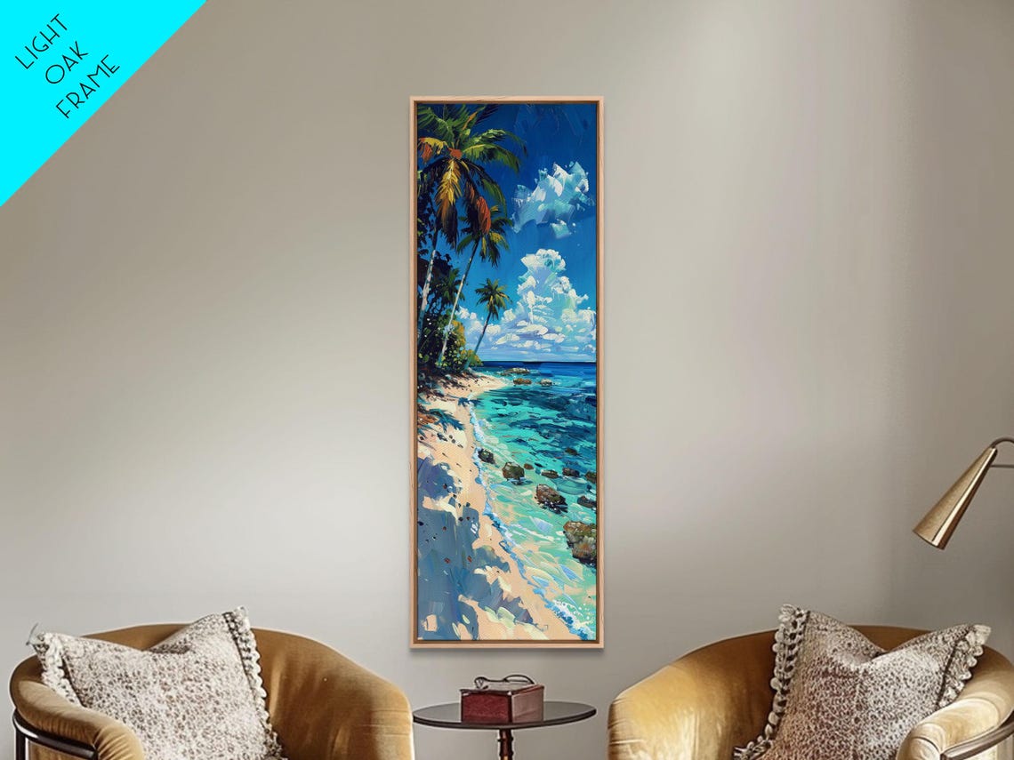 Rocky Tropical Beach Palm Trees Turquoise Cove Painting Print - Image 4