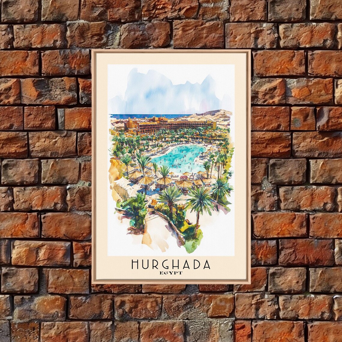 Hurghada Egypt Red Sea Resort Palm Lagoon Pool Watercolor Travel Poster - Image 5
