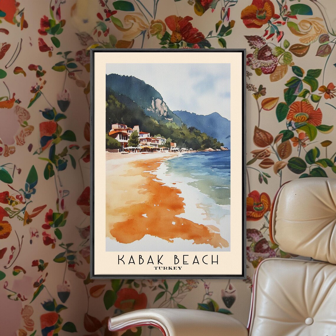 Kabak Beach Turkey Golden Sand Beach Cliff Town Blue Sea Watercolor Poster - Image 2