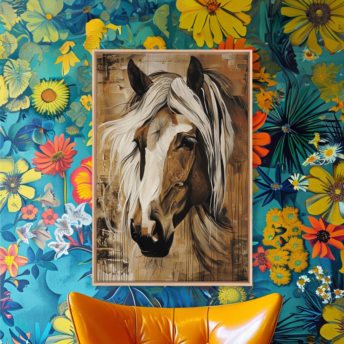 Majestic Horse Portrait Earthy Tones Flowing White Mane Art Poster