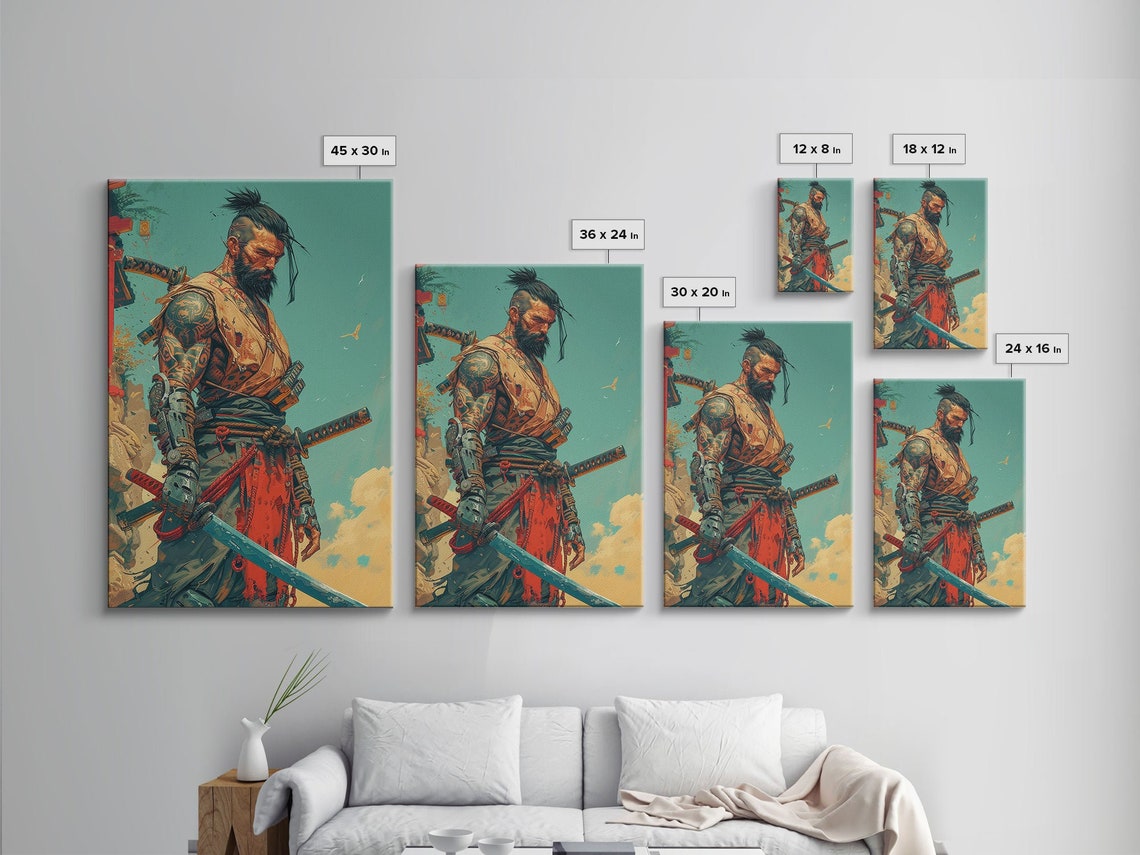 Tattooed Samurai Warrior Ink Punk Poster with Swords on Teal Art - Image 2
