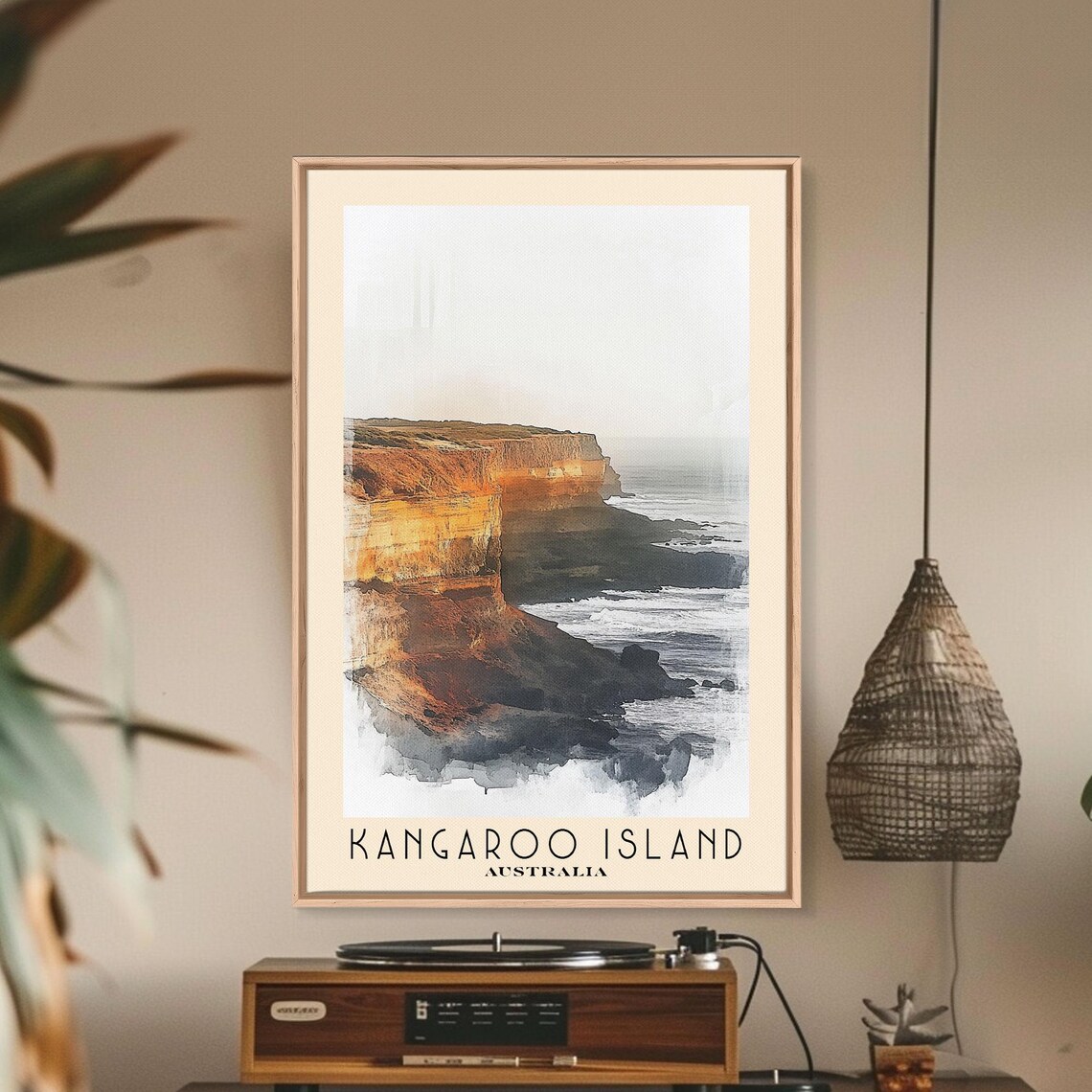 Kangaroo Island Australia Golden Sea Cliffs Wave Crash Watercolor Poster