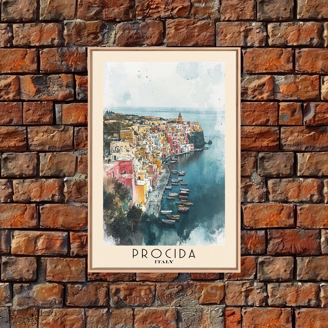 Procida Italy Colorful Harbor Boats Pastel Waterfront Watercolor Poster - Image 4