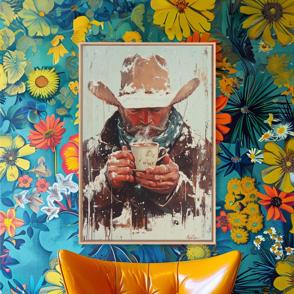 Cowboy Warming Hands On Steaming Mug Snowy Painterly Portrait Poster - Image 5
