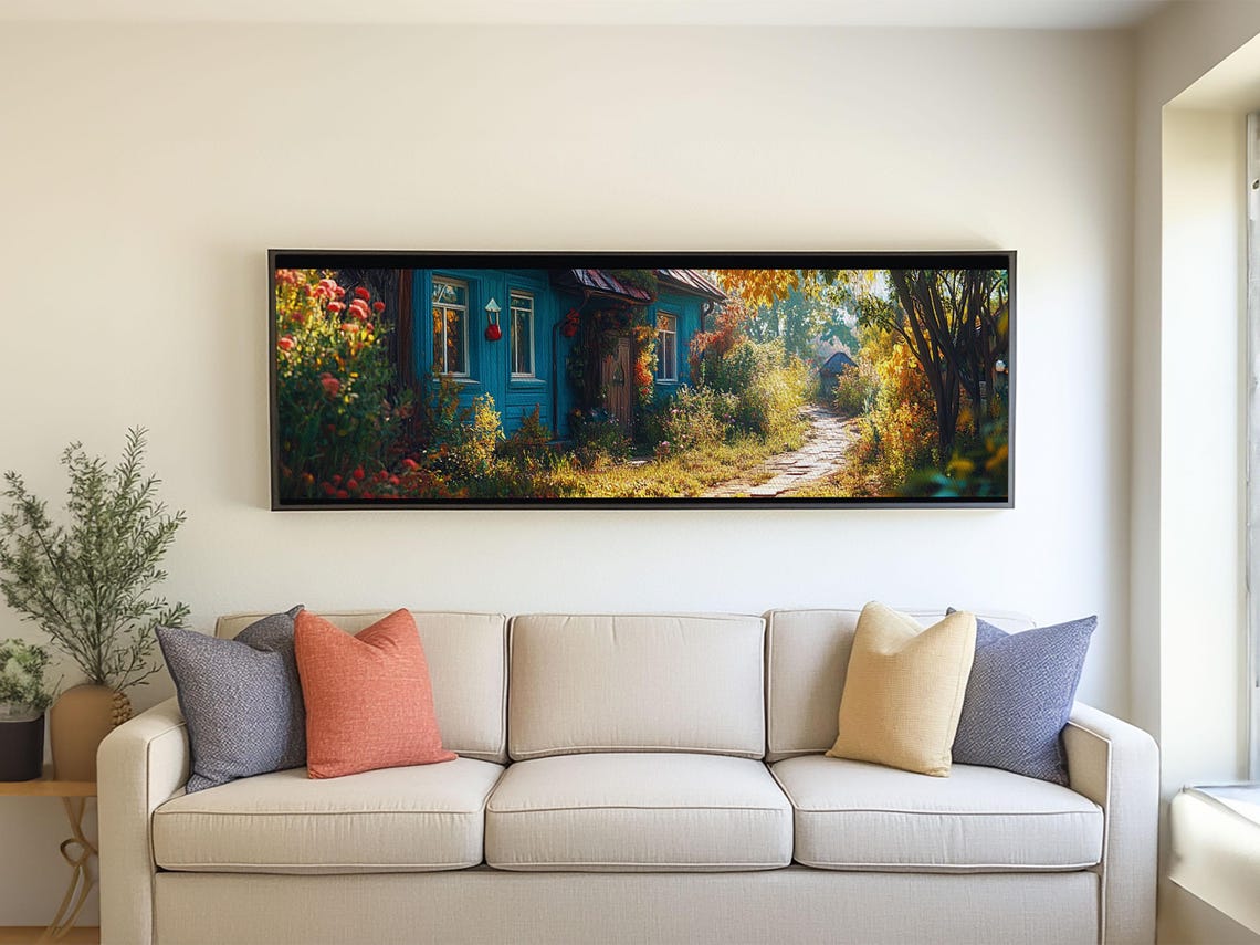 Blue Cottage Autumn Forest Stone Path Cozy Fall Landscape Poster - Image 2