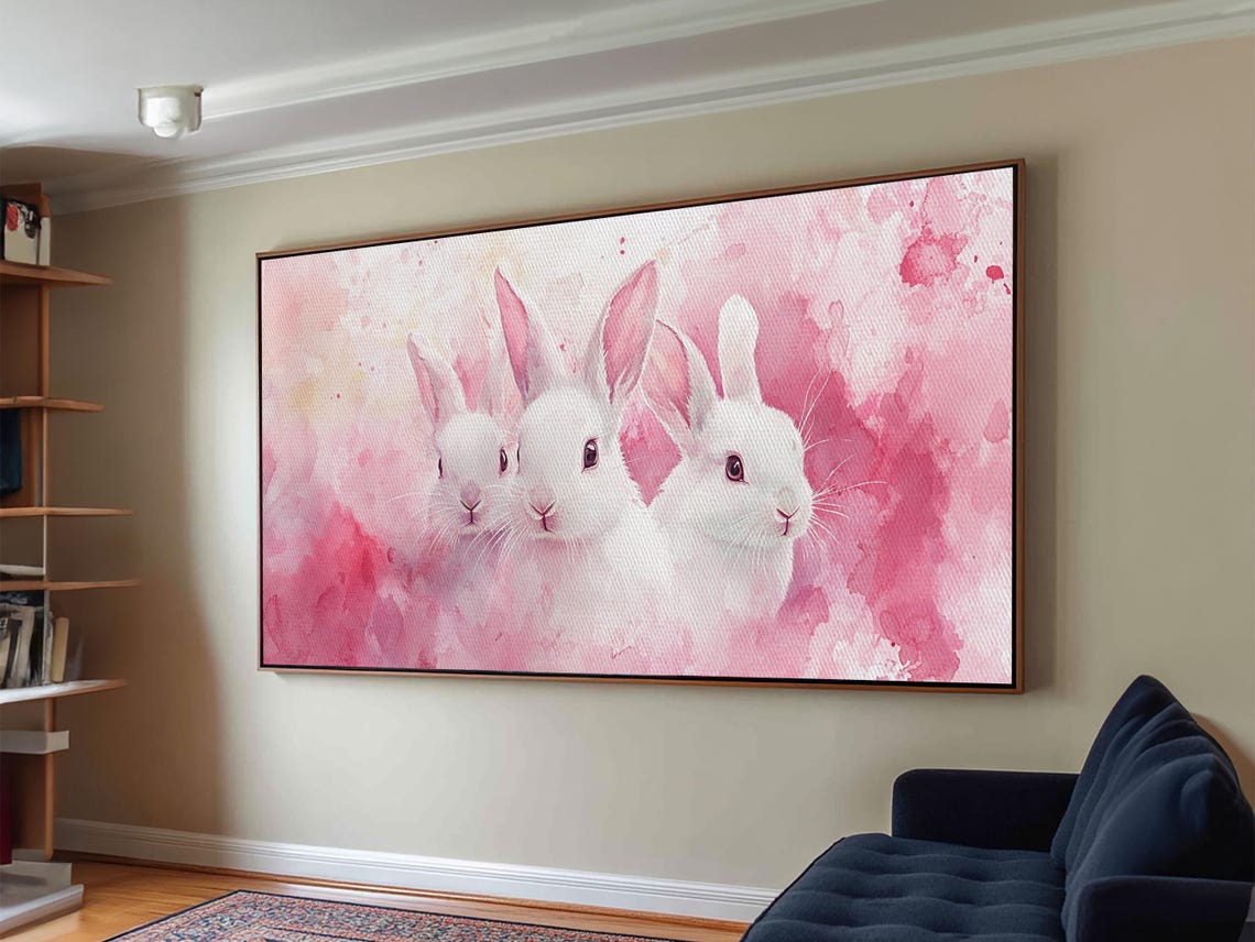 Three White Bunnies On Pink Watercolor Cute Rabbit Nursery Poster - Image 3