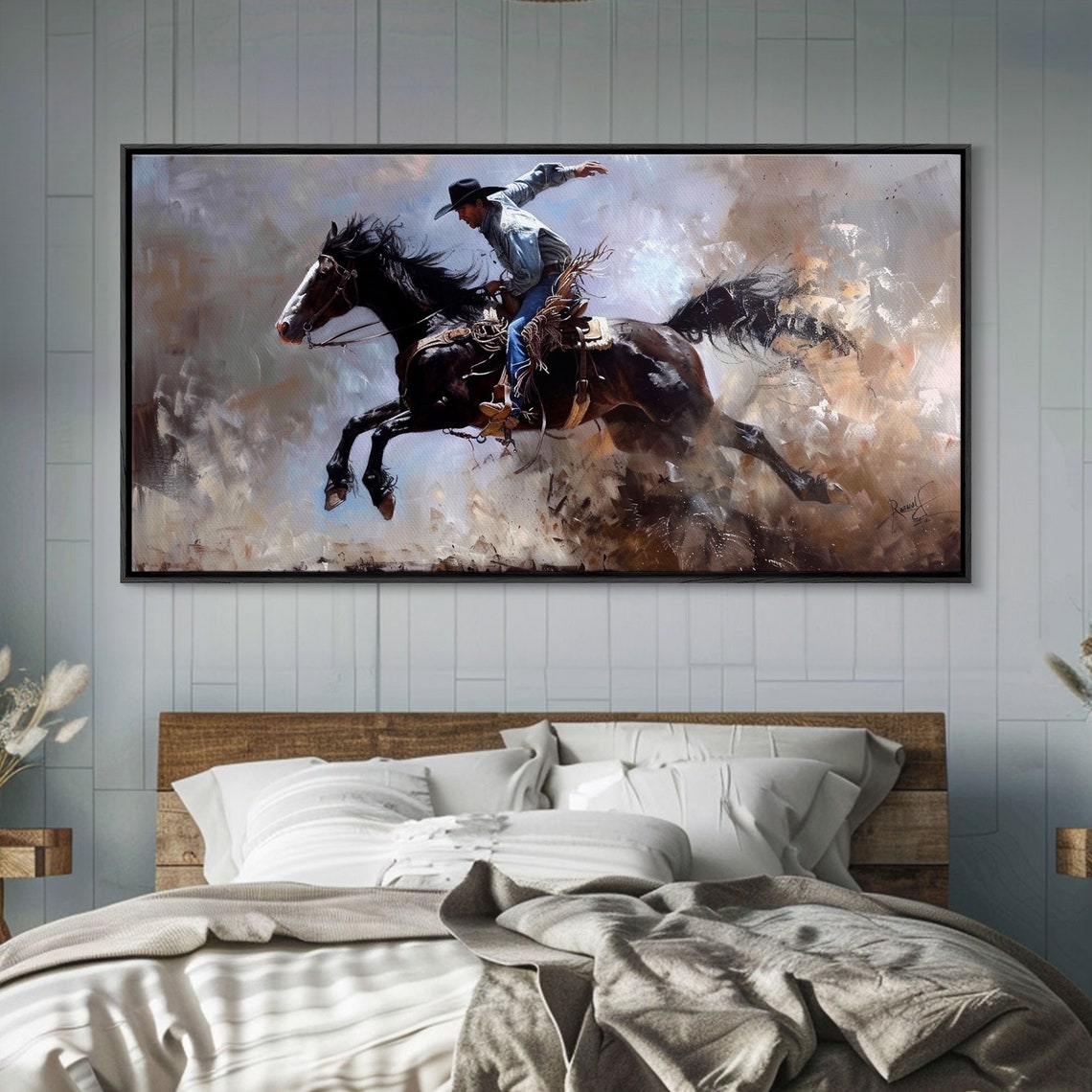 Cowboy Riding Rearing Dark Horse Dust Cloud Dynamic Western Action Art - Image 4