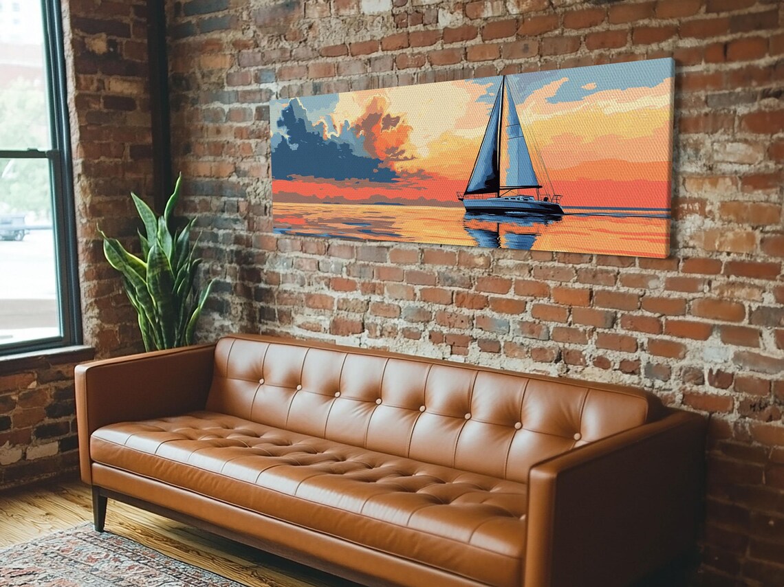 Retro Sailboat Sunset Pop Art Seascape Painting Calm Ocean Golden Sky Poster - Image 2