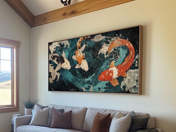Large Oil Painting Of Koi Fish Print Vibrant Koi Fish Wabi Sabi Japanese Style Artwork Minimalist Home Decor Living Room Wall Art